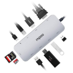 XD200 10-in-1 USB C Hub Adapter, 4K HDMI, 1080P VGA, 4 USB 3.0 Ports, SD/TF Card Reader, RJ-45 Port, Type C Charging, for MacBook 12 inch, MacBook Pro, Chromebook, XPS RAPOO