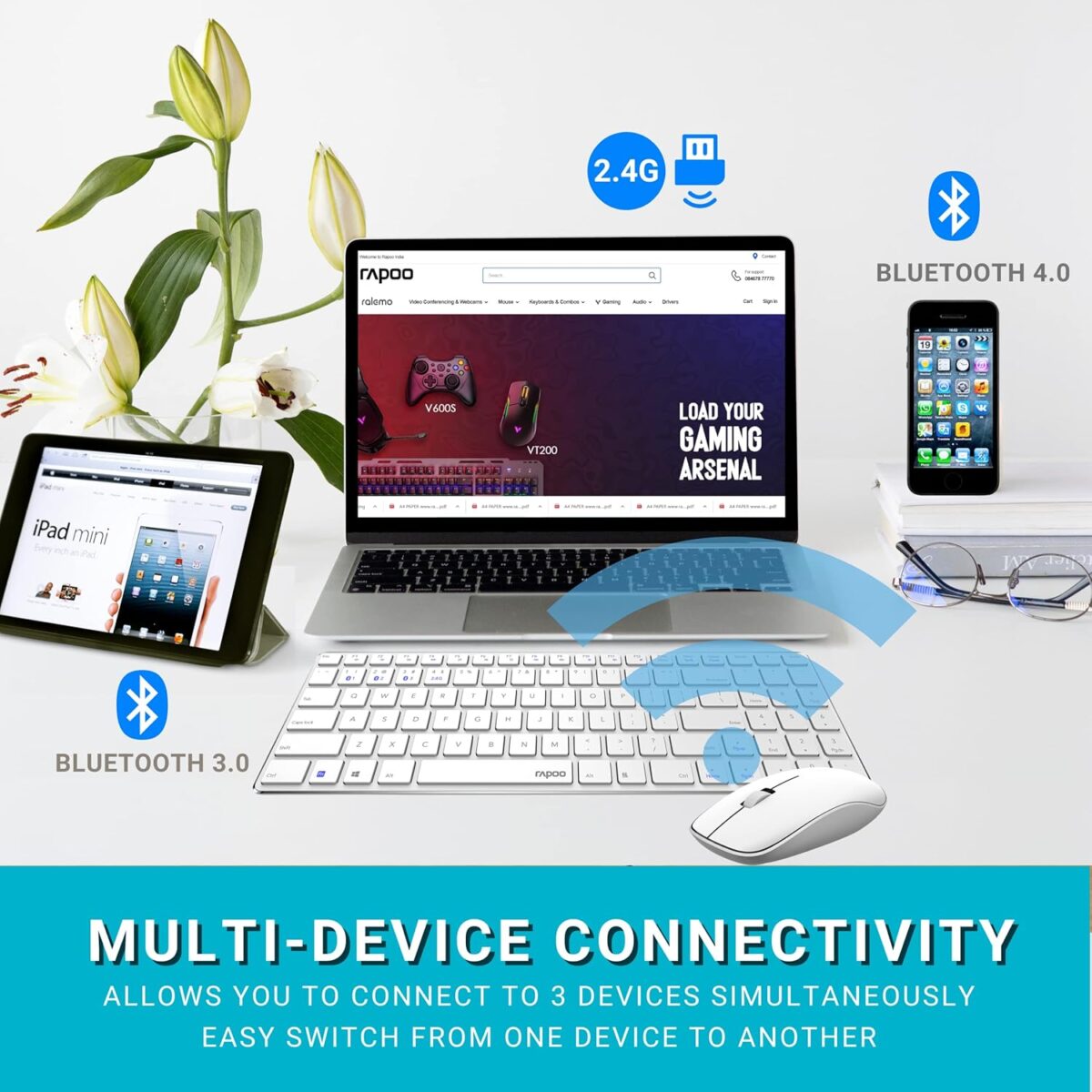 Rapoo 9300M White WL MM Keyboard & Mouse Combo Bluetooth 3.0, 4.0, 5.0 and 2.4 GHz, 1300 DPI , 12M Battery Life - Image 2