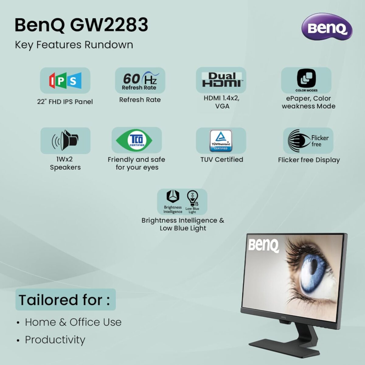 BenQ GW2283 22-Inch Full HD IPS Monitor | Eye-Care, Dual HDMI, Low Blue Light, Built-in Speakers, VESA Wall Mountable – Black - Image 9