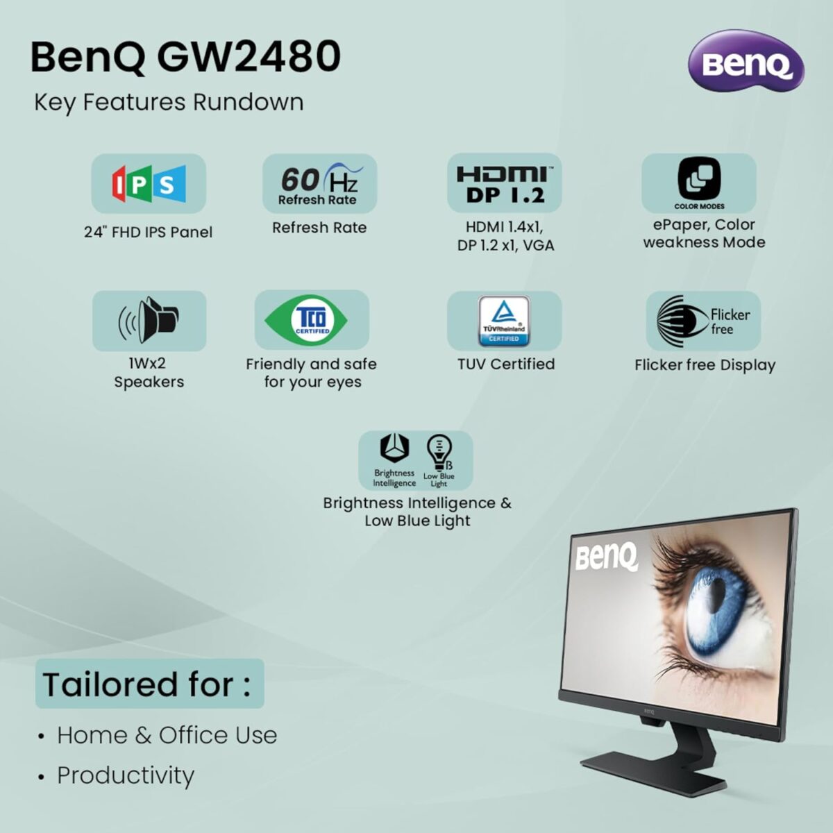 BenQ GW2480 24-Inch Full HD IPS Monitor with Eye-Care, HDMI/DP Ports and Built-in Speakers for Office and Home - Image 9