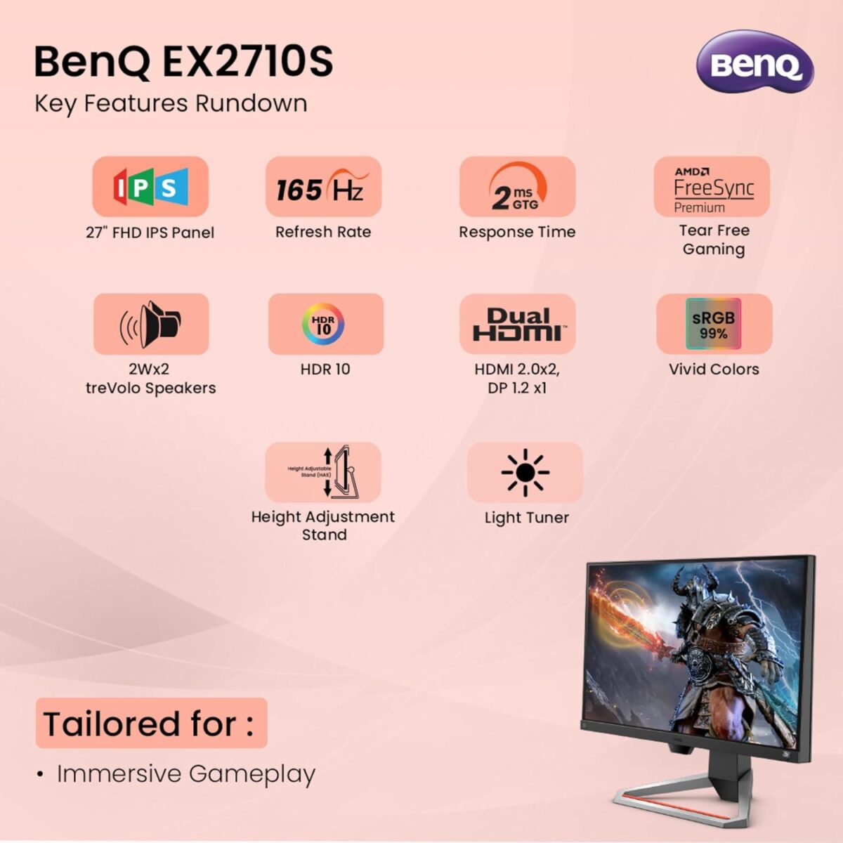 BenQ MOBIUZ EX2710S 27" 165Hz Full HD IPS Gaming Monitor with HDRi, FreeSync Premium, Height Adjustable Stand, Eye-Care Tech & Built-in Speakers – Bezel-Less Display (Dark Grey) - Image 6